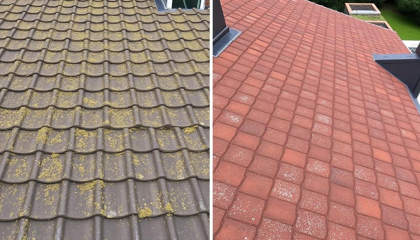 before and after comparison of a dirty roof vs a clean roof